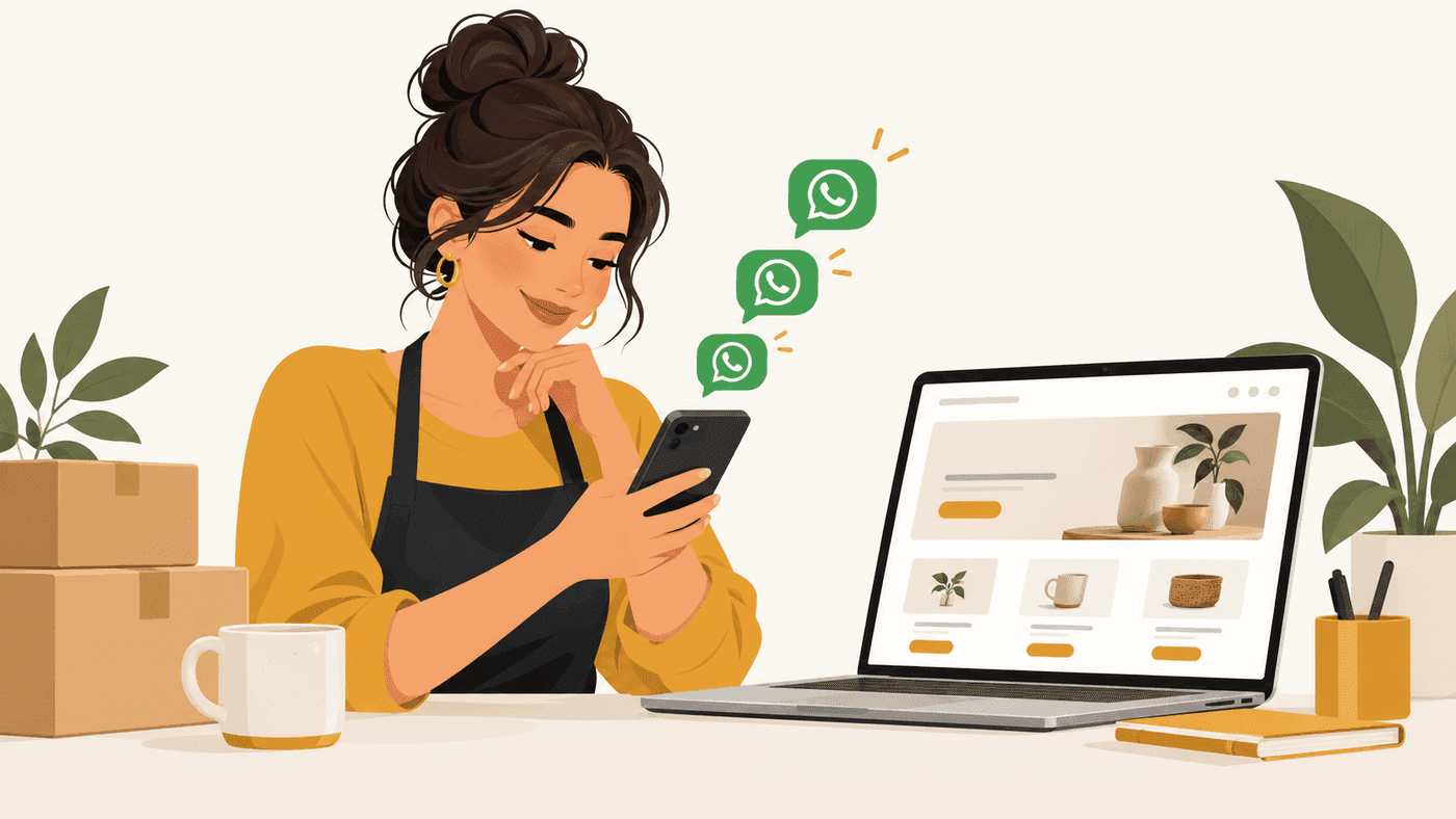 Dueña de negocio atendiendo clientes por WhatsApp desde su computadora