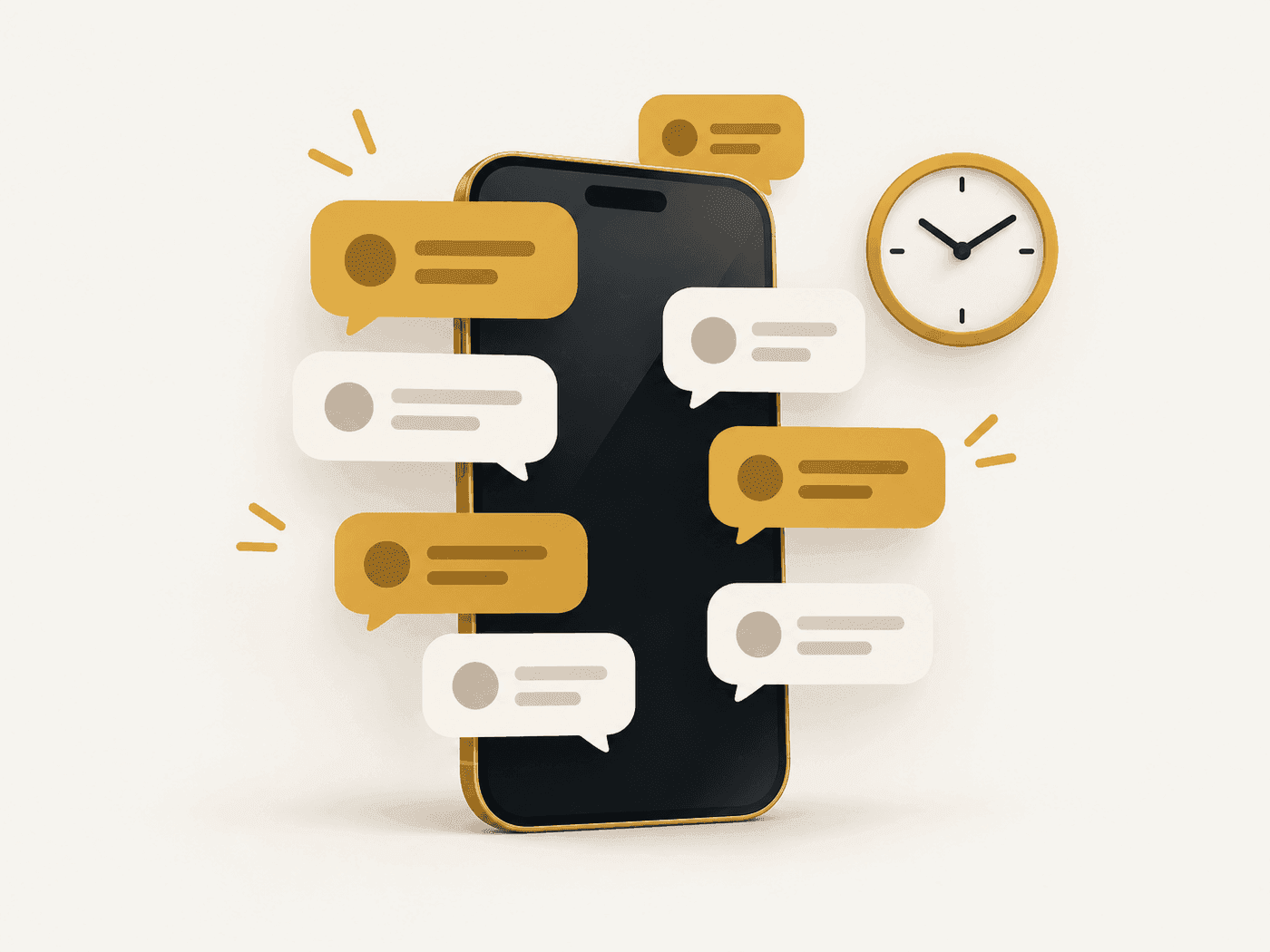 Celular rodeado de mensajes sin responder y un reloj marcando el tiempo perdido